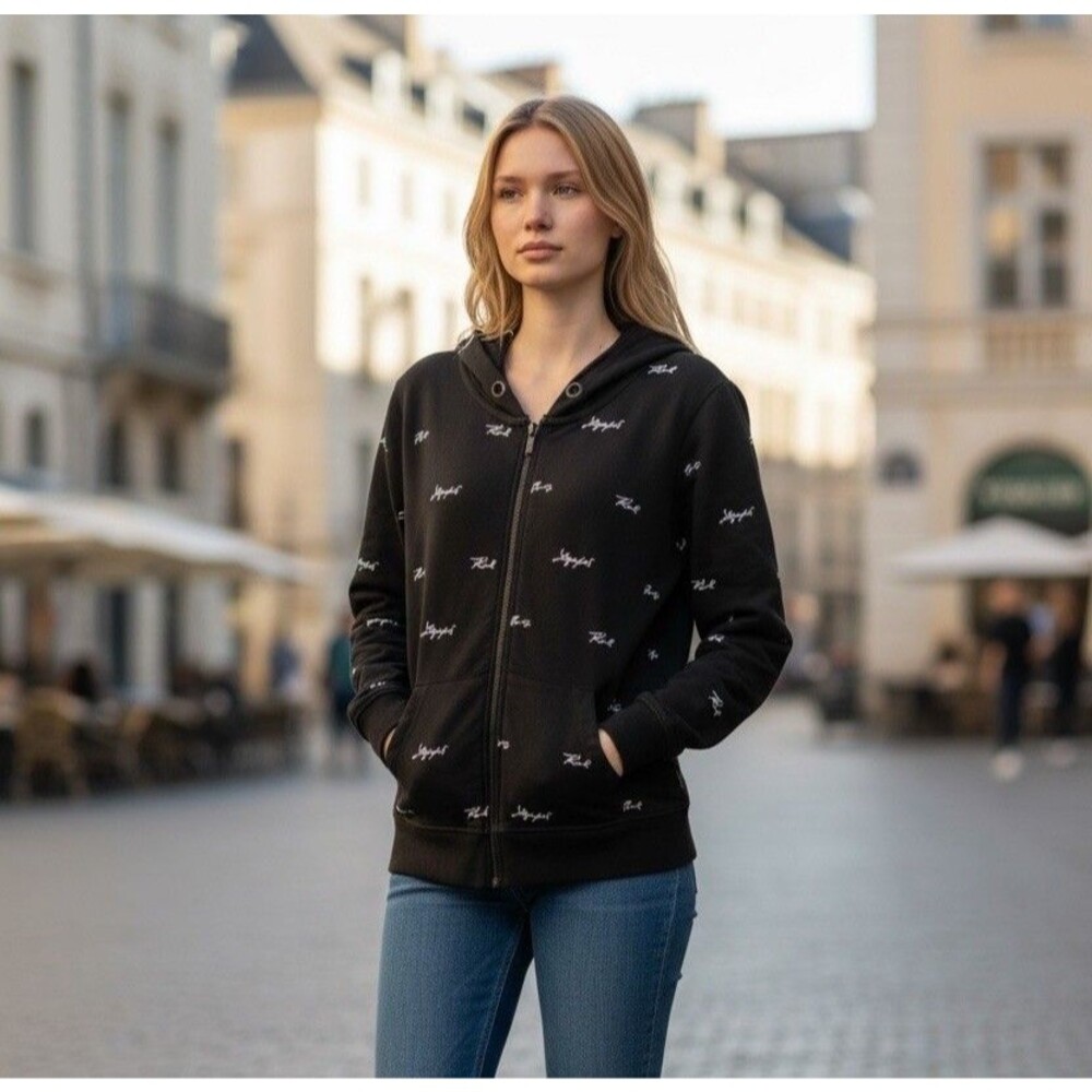 KARL LAGERFELD Paris Designer Full Zip‎ Hoodie Sweatshirt Womens Large Black